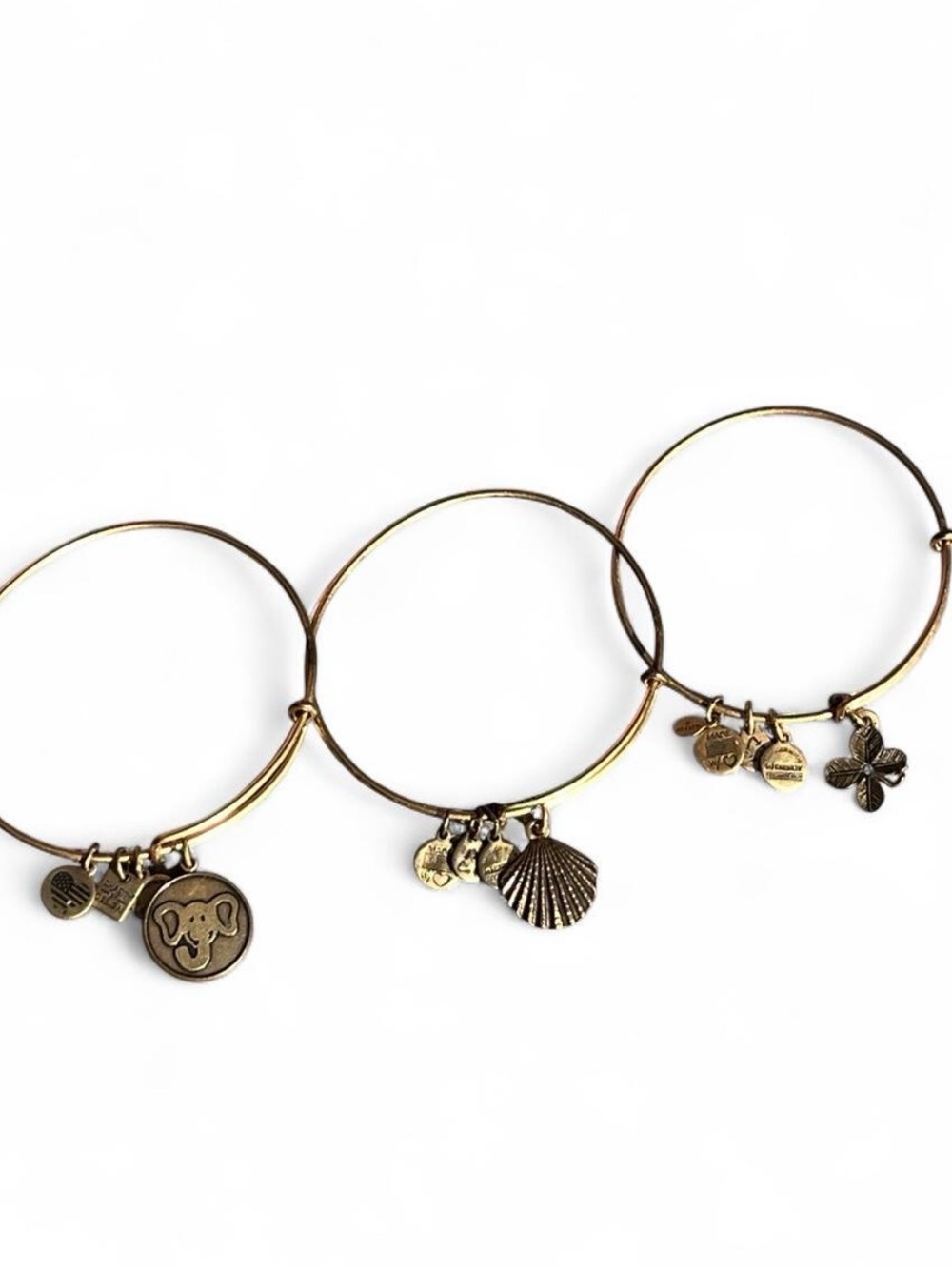 Alex & Ani Good Luck Bangle Bracelet Bundle: Elephant, Seashell, 4 Leaf Clover